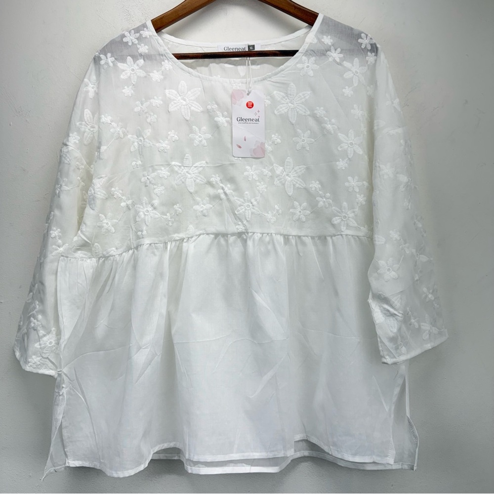 Gleeneat size XL Women’s White Floral Embroidered 3/4 Sleeve Babydoll Blouse NWT